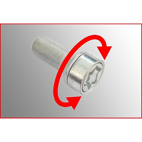 Stahlschraube mit rotem Pfeil, der die Drehung anzeigt. Der Schraubenkopf hat ein sternförmiges Muster.